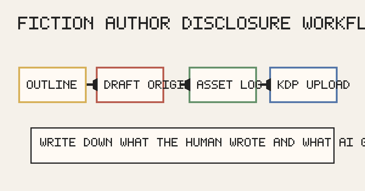 Minimal workflow chart showing outline, draft origin, asset log, review pass, and KDP upload.