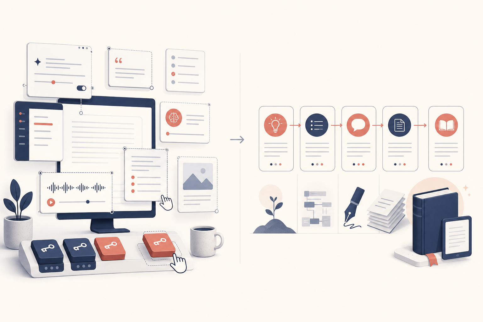 Comparison image showing a flexible story workspace beside a guided book production pipeline.