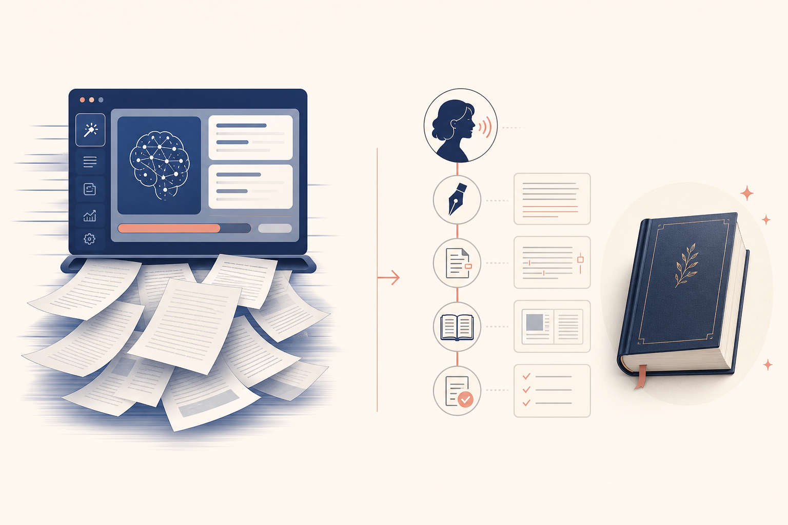 AI book generation interface compared with a voice-locked novel production workflow.