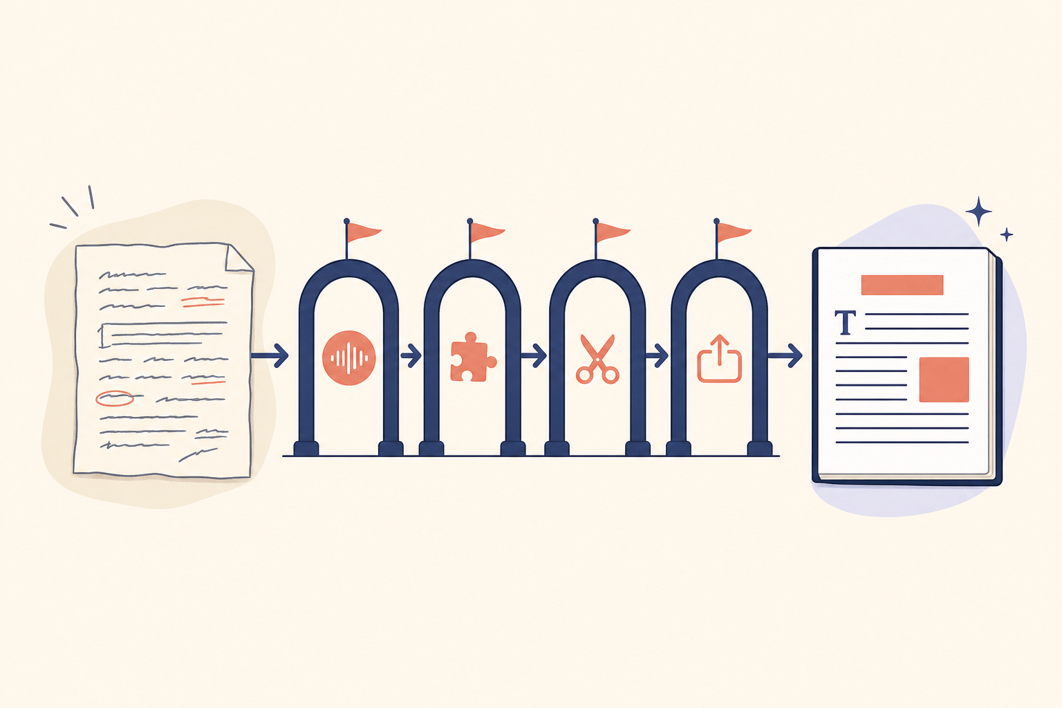 Visual showing quality gates between a rough generated draft and a publish-ready manuscript.