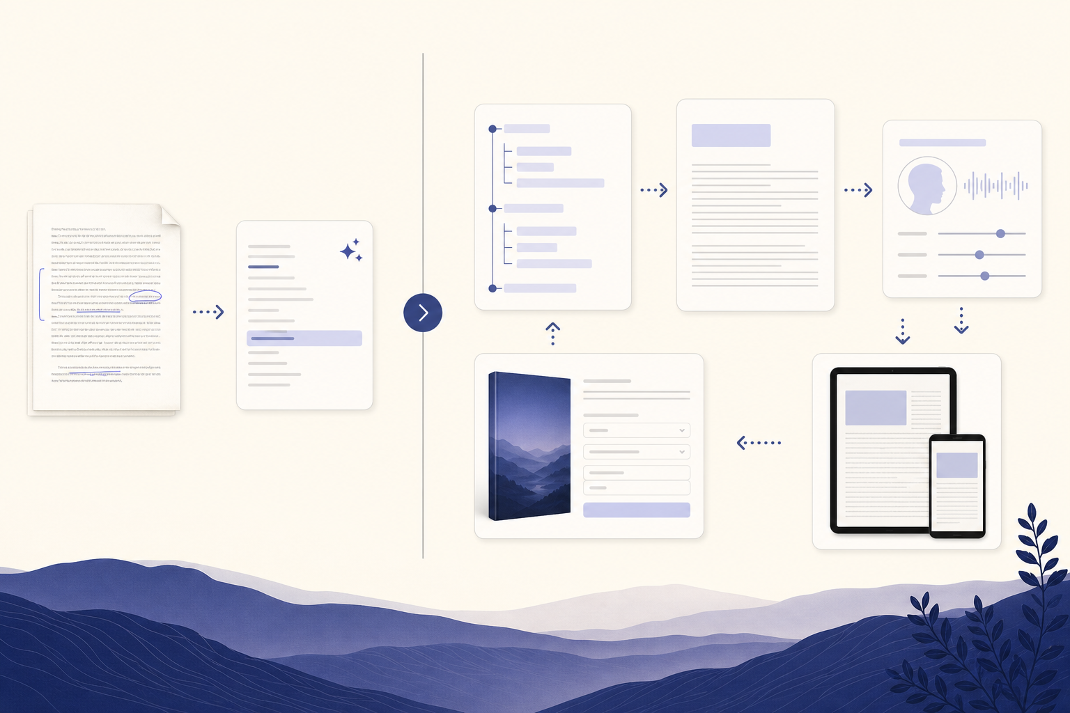 Split-screen writing workflow showing scene-level editing on one side and a full novel production pipeline on the other.