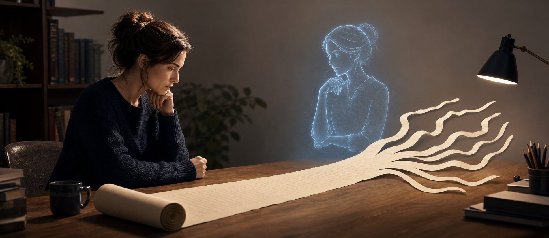 A novelist studies a long manuscript as an AI writing mentor helps keep the story threads together