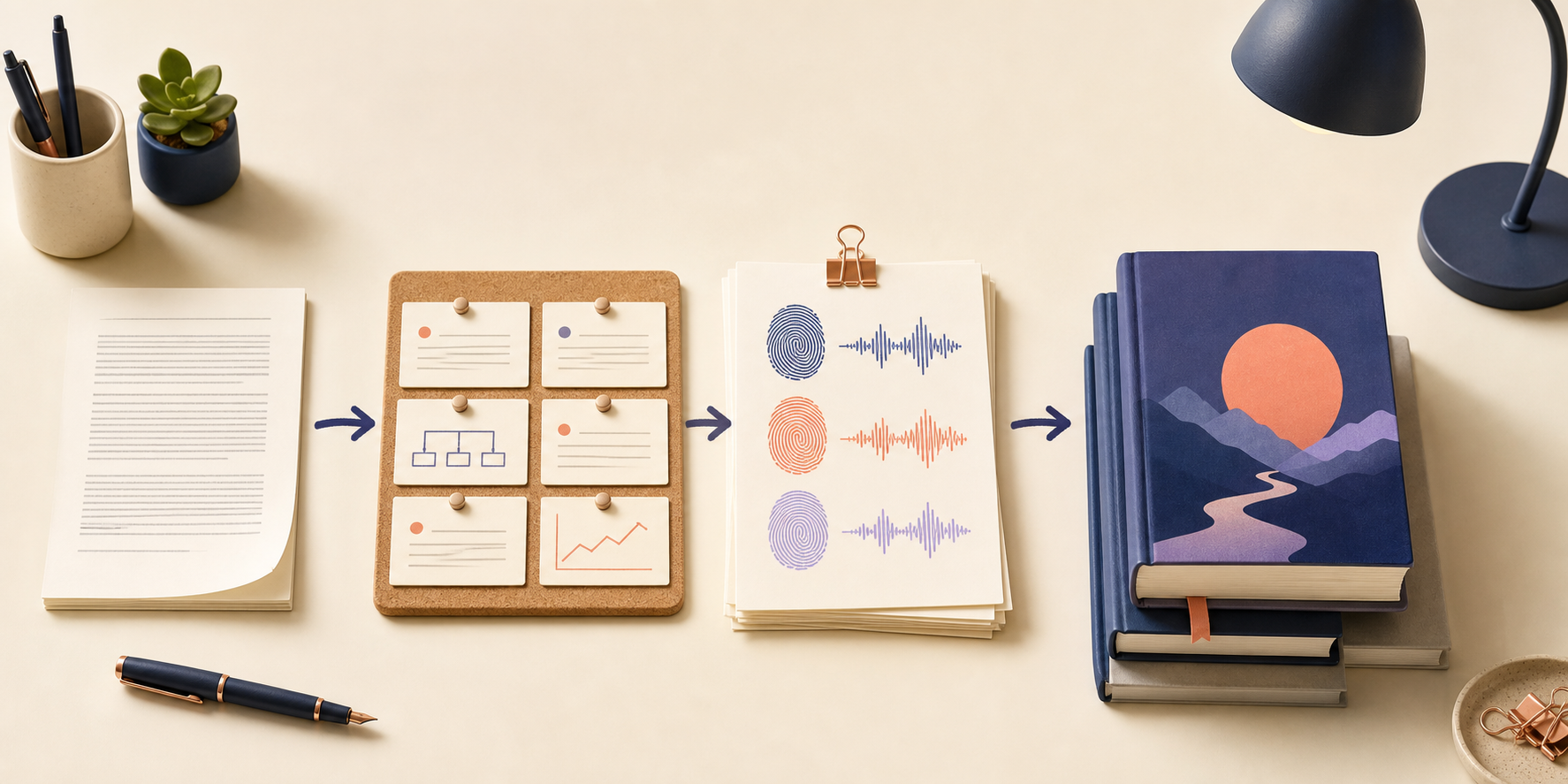A manuscript moves through outline, voice, and finished book stages in an AI novel workflow